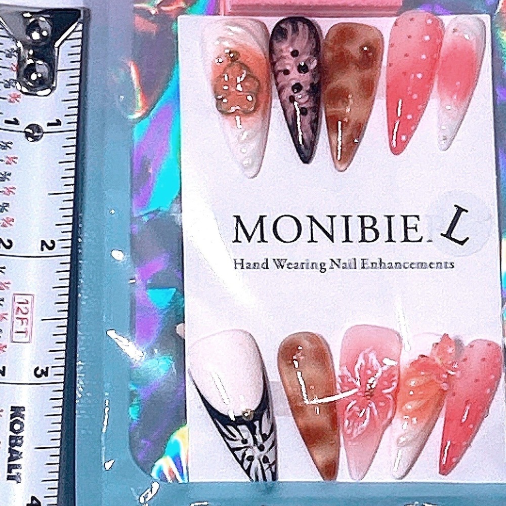 MONIBIER Pink Brown Animal Print Floral Press On Nails Coffin Large - Picture 2 of 2